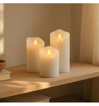 3er-Set LED-Kerzen 10cm, Flammeneffekt, weiß - Ø7,5cm