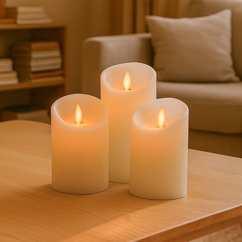 LED-Stumpenkerzen, 3er Set, Ø7,5cm, bewegliche Flamme, weiß - Inkl. Fernbedienung & Timer, 10/13/15cm hoch, Echtwachs