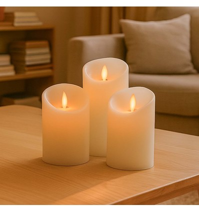 LED-Stumpenkerzen, 3er Set, Ø7,5cm, bewegliche Flamme, weiß - Inkl. Fernbedienung & Timer, 10/13/15cm hoch, Echtwachs