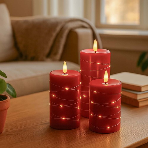 LED Blockkerzen 3er-Set mit Lichterkette, Flammeneffekt - Ø7,5cm, 10/12,5/15cm, inkl. Fernbedienung, Timer, Echtwachs, Rot