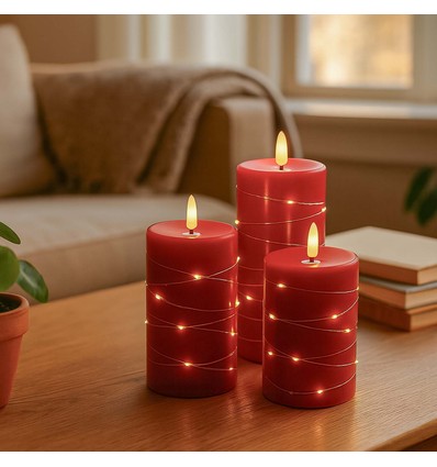 LED Blockkerzen 3er-Set mit Lichterkette, Flammeneffekt - Ø7,5cm, 10/12,5/15cm, inkl. Fernbedienung, Timer, Echtwachs, Rot