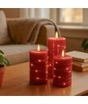 LED Blockkerzen 3er-Set mit Lichterkette, Flammeneffekt - Ø7,5cm, 10/12,5/15cm, inkl. Fernbedienung, Timer, Echtwachs, Rot