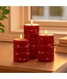 LED Blockkerzen 3er-Set mit Lichterkette, Flammeneffekt - Ø7,5cm, 10/12,5/15cm, inkl. Fernbedienung, Timer, Echtwachs, Rot