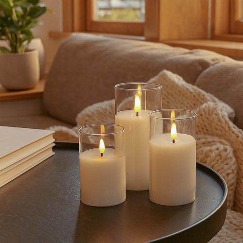 LED Stumpenkerzen Set im Glas Ø7,5cm, 3 Stk., Flammen-Effekt - Inkl. Fernbedienung und Timer, 10/12,5/15cm hoch, Echtwachs