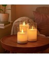 LED Stumpenkerzen Set im Glas Ø7,5cm, 3 Stk., bewegliche Flamme - Inkl. Fernbedienung und Timer, 10/12,5/15cm hoch, Echtwachs