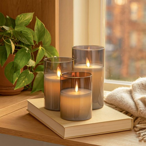 LED-Kerzen in Rauchglas Ø7,5cm, 3 Stk, bewegliche Flamme