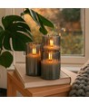 LED Stumpenkerzen Set in Rauchglas Ø7,5cm, 3 Stk., Flammen-Effekt - Inkl. Fernbedienung und Timer, 10/12,5/15cm hoch, Echtwachs