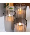 LED Stumpenkerzen Set in Rauchglas Ø7,5cm, 3 Stk., Flammen-Effekt - Inkl. Fernbedienung und Timer, 10/12,5/15cm hoch, Echtwachs