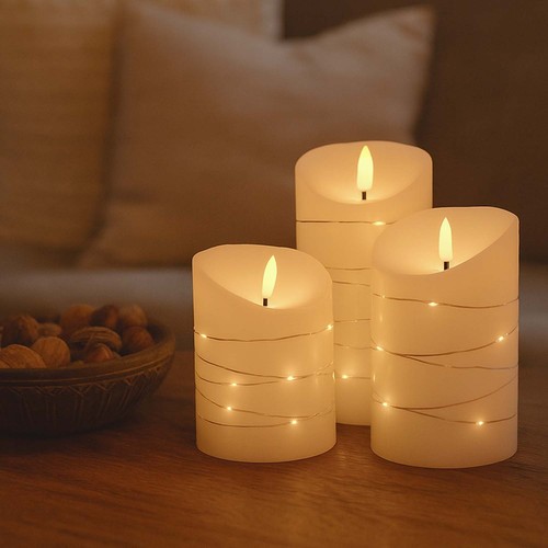 LED-Stumpenkerzen 3er-Set mit Lichterkette, Flammeneffekt - Ø7,5cm, 10/12,5/15cm, Fernbedienung, Timer, Echtwachs