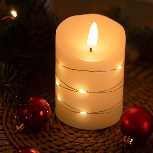 LED-Kerze mit Lichterkette, 10cm, Flammeneffekt - Ø7,5cm