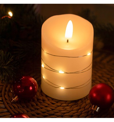 LED-Kerze mit Lichterkette, 10cm, Flammeneffekt - Ø7,5cm