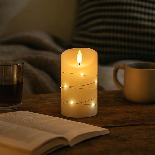 LED-Kerze mit Lichterkette, 12,5cm, Flammeneffekt - Ø7,5cm
