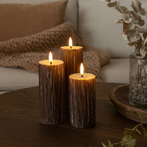 LED Holz-Optik Stumpenkerzen 3er-Set, Schmelz-Optik, Flammen-Effekt - Ø5,5cm, 10/12,5/15cm hoch, Inkl Fernbedienung, Echtwachs