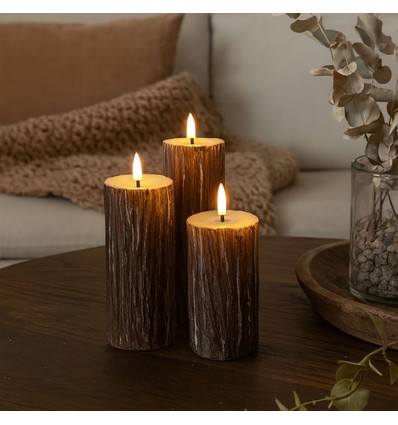 LED Holz-Optik Stumpenkerzen 3er-Set, Schmelz-Optik, Flammen-Effekt - Ø5,5cm, 10/12,5/15cm hoch, Inkl Fernbedienung, Echtwachs