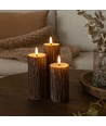 LED Holz-Optik Stumpenkerzen 3er-Set, Schmelz-Optik, Flammen-Effekt - Ø5,5cm, 10/12,5/15cm hoch, Inkl Fernbedienung, Echtwachs
