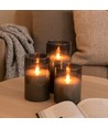 LED Stumpenkerzen Set in Rauchglas Ø7,5cm, 3 Stk., Flammen-Effekt - Inkl. Fernbedienung und Timer, 10/12,5/15cm hoch, Echtwachs