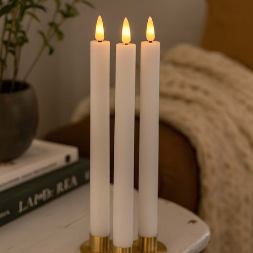 3er-Pack weiße LED Stabkerzen, Flammen-Effekt - Ø2,2cm, Höhe: 24,5cm, inkl. Fernbedienung, Timer, Batterie