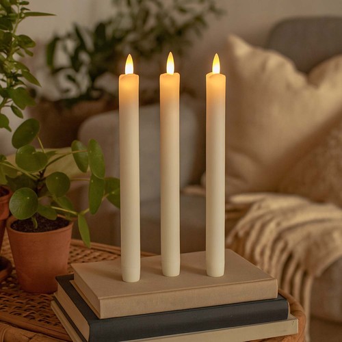 3er-Pack weiße LED Stabkerzen, Flammen-Effekt - Ø2,2cm, Höhe: 24,5cm, inkl. Fernbedienung, Timer