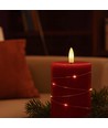 LED Stumpenkerze mit Lichterkette, 15cm hoch, Flammen-Effekt - Ø7,5cm, funktioniert m. Fernbedienung, Echtwachs, rot