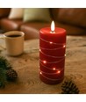 LED Stumpenkerze mit Lichterkette, 15cm hoch, Flammen-Effekt - Ø7,5cm, funktioniert m. Fernbedienung, Echtwachs, rot