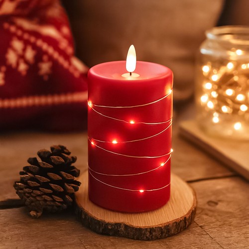 LED-Kerze mit Lichterkette, 12,5cm, Flammeneffekt - Ø7,5cm, rot