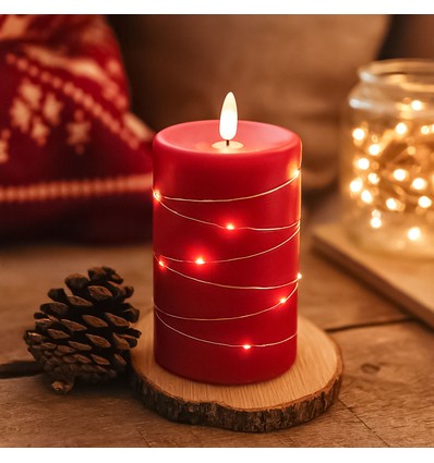 LED-Kerze mit Lichterkette, 12,5cm, Flammeneffekt - Ø7,5cm, rot