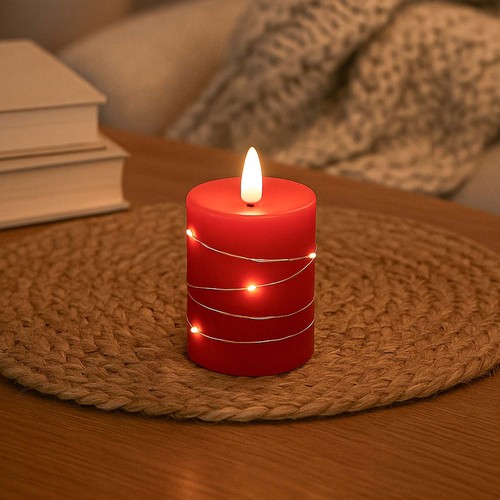 LED-Kerze mit Lichterkette, 10cm, Flammeneffekt - Ø7,5cm, rot