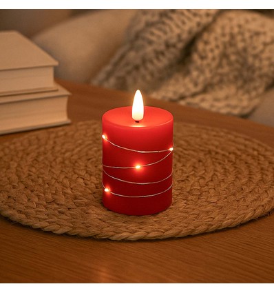 LED-Kerze mit Lichterkette, 10cm, Flammeneffekt - Ø7,5cm, rot