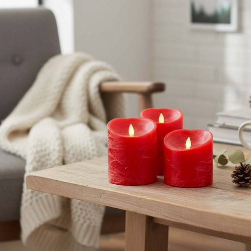 LED Stumpenkerzen Ø10cm, 3 Stk., bewegliche Flamme, rot - Inkl. Fernbedienung und Timer, 10/12,5/15cm hoch, Echtwachs