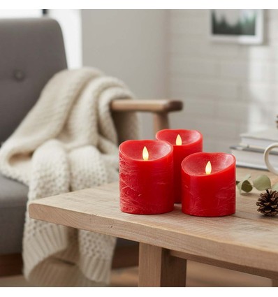 LED Stumpenkerzen Ø10cm, 3 Stk., bewegliche Flamme, rot - Inkl. Fernbedienung und Timer, 10/12,5/15cm hoch, Echtwachs