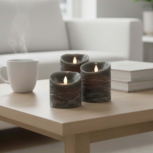 LED-Kerzen Ø10cm, 3 Stk, bewegliche Flamme, schwarz meliert