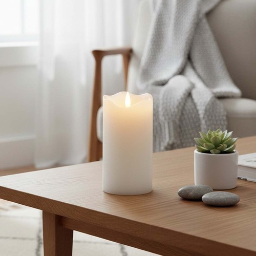 LED Stumpenkerze 15cm hoch, Flammen-Effekt, weiß - Ø7,5cm, 15cm hoch, funktioniert mit Fernbedienung, Timer, Echtwachs