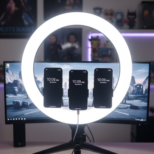LED-Ringlicht mit Stativ - 55W, Ø44cm, 3 Telefonhalter, Fernbedienung, 3200K-5800K