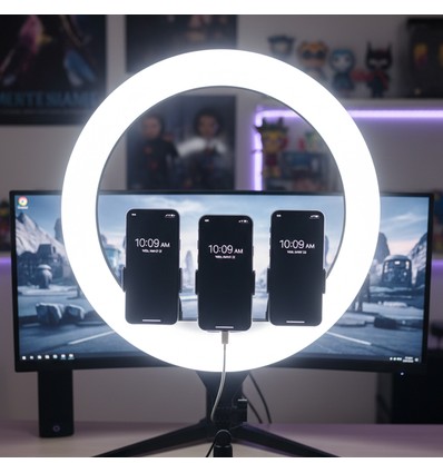 LED-Ringlicht mit Stativ - 55W, Ø44cm, 3 Telefonhalter, Fernbedienung, 3200K-5800K