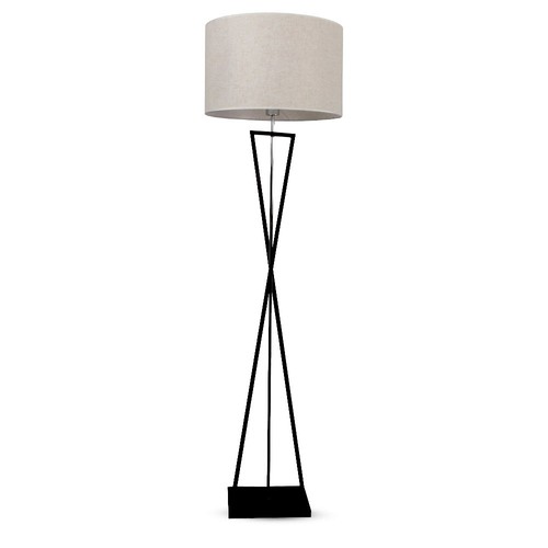 Designer Stehlampe E27 - runder elfenbeinfarbener Lampenschirm, schwarzer Metallfuß