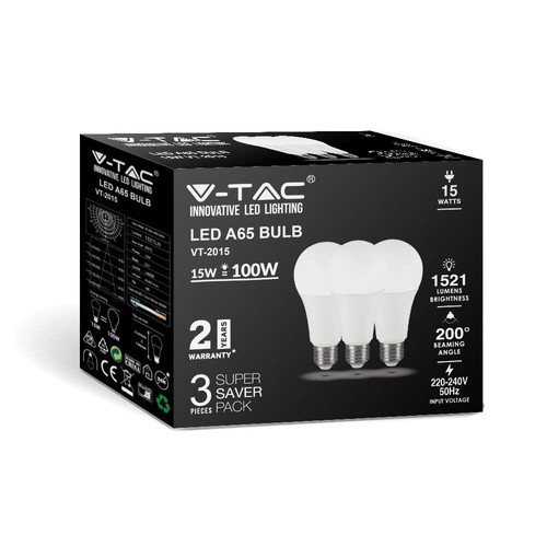 A65 VT-2015 LED 15W E27 - Kunststofflampe, 6500K, 200°, 3 Stk./Packung