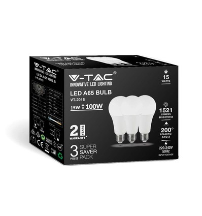 A65 VT-2015 LED 15W E27 - Kunststofflampe, 6500K, 200°, 3 Stk./Packung