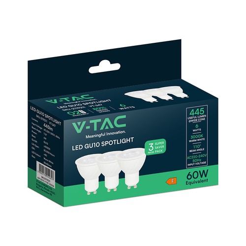 VT-247 Spotlicht 6W GU10 - Kunststoff, 3000K, 110°, 3 Stück/Packung