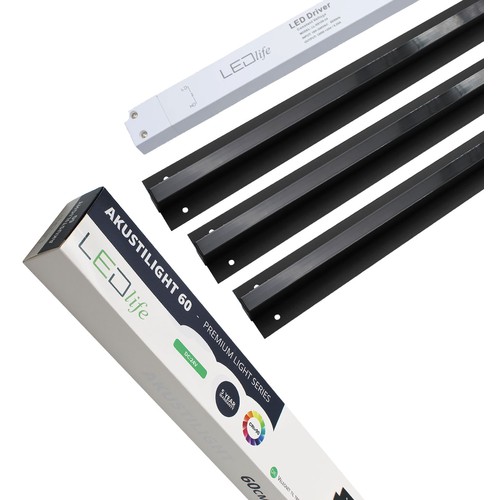 Schwarzes Troldtekt LED-Schienen-Set 3x60 cm - Flächenbündig, Akustiklicht inkl. Kabel und Treiber