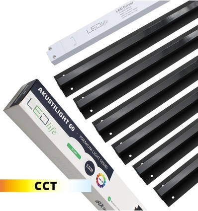 Schwarzes Troldtekt CCT LED Schienenset 6x60 cm - Flächenbündig, Akustilight inkl. Kabel und Treiber