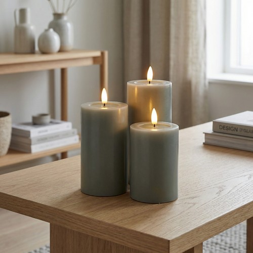 3er-Set LED-Stumpenkerzen, grün - Ø7,5cm, 10/12,5/15cm hoch, mit Fernbedienung steuerbar, Timer, Echtwachs