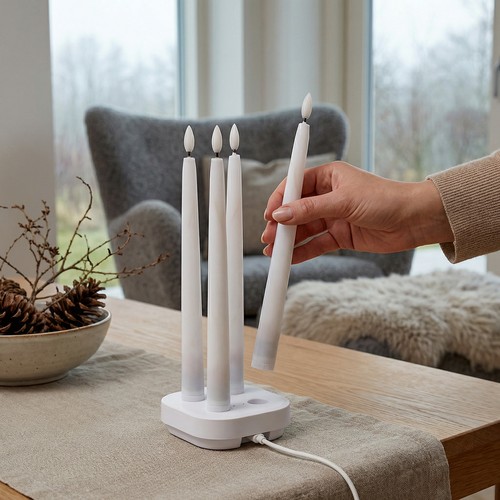 4er-Pack weiße LED-Kerzen inkl. Ladestation - Ø2cm, Höhe: 25cm, Stabkerzen, inkl. Fernbedienung, Timer
