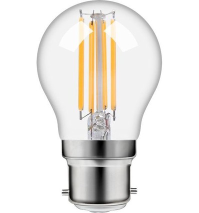 B22d 4,7W dimmbare LED-Tropfenlampe - G45, Filament, 470lm, 2500K, Klarglas