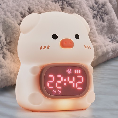 MOCHI Graue Nachtlampe mit Uhr aus weichem Silikon - aufladbar, Farbwechsel + Warmweiß