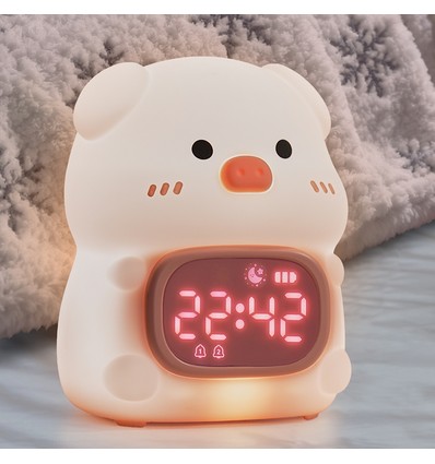 MOCHI Graue Nachtlampe mit Uhr aus weichem Silikon - aufladbar, Farbwechsel + Warmweiß