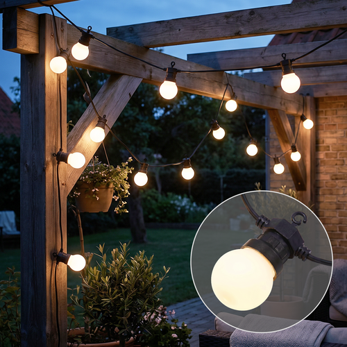 5m LED-Lichterkette mit 10 Leuchtmitteln - Warmweiß, IP44, 230V, 0,5W Lampen