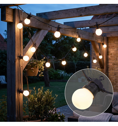 5m LED-Lichterkette mit 10 Leuchtmitteln - Warmweiß, IP44, 230V, 0,5W Lampen