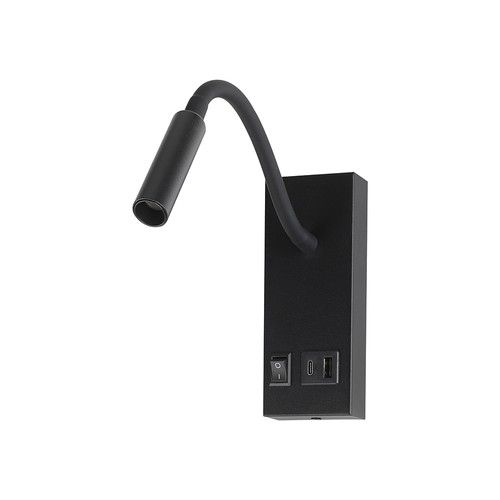 3W LED Bettlampe mit USB-A und USB-C Ladeanschluss - CREE Chip, schwarz, inkl. Leuchtmittel