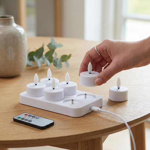 6er-Pack weiße LED-Teelichter inkl. Ladestation - Inkl. Fernbedienung, Timer