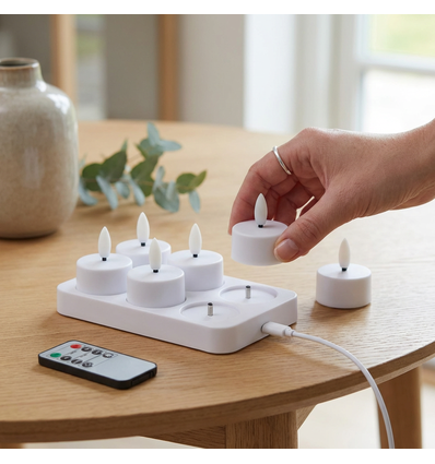 6er-Pack weiße LED-Teelichter inkl. Ladestation - Inkl. Fernbedienung, Timer